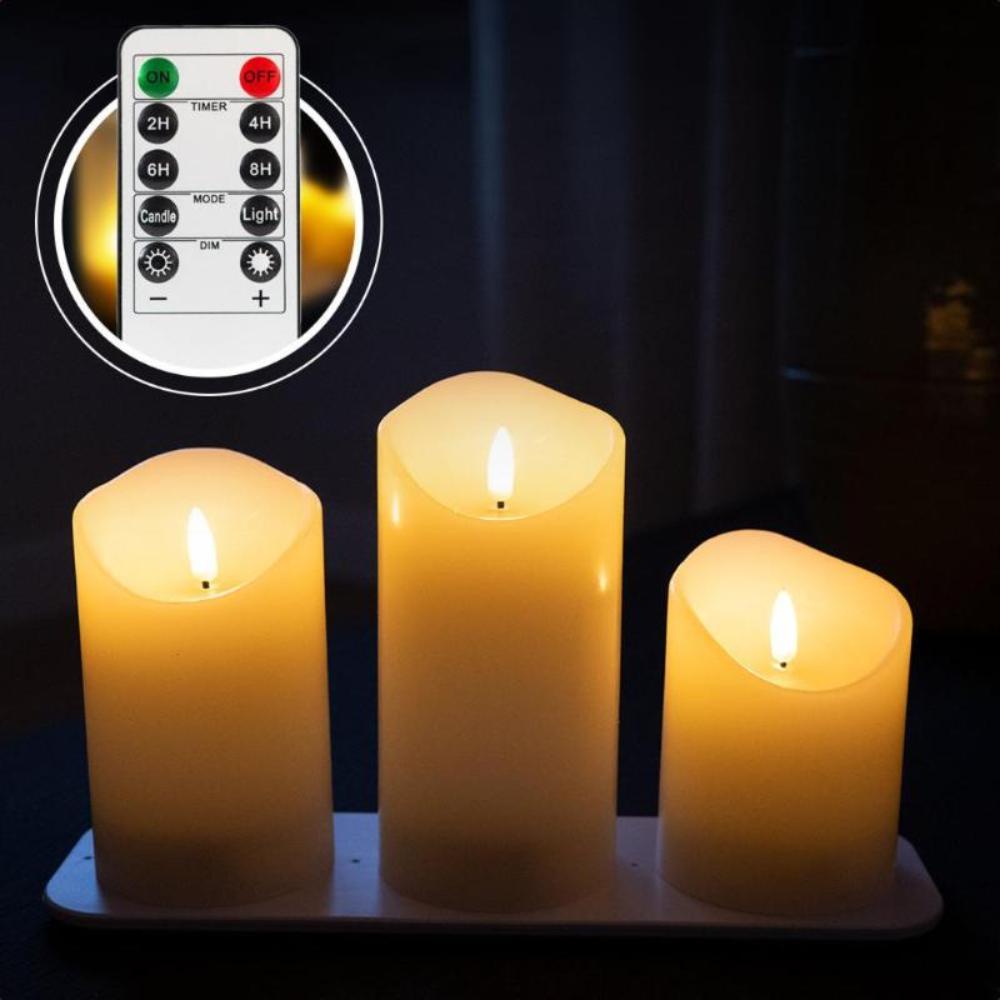 Set van 3 oplaadbare LED kaarsen met afstandsbediening. Duurzaam en sfeervol, inclusief oplaadstation.