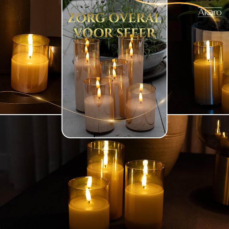 Set van 5 oplaadbare led kaarsen met goud glas. Luxe led kaarsen voor thuis, sfeervol.