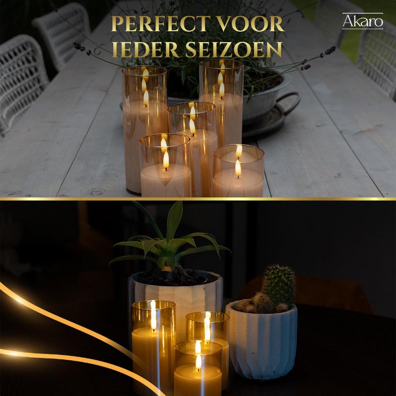 Set van 5 oplaadbare led kaarsen met goud glas. Luxe oplaadbare kaarsen voor winter en zomer.