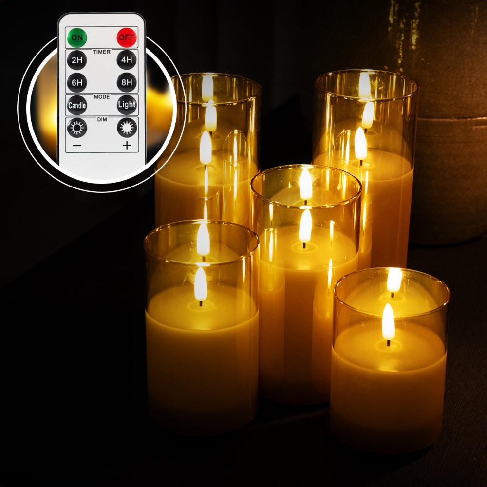 Set van 5 oplaadbare led kaarsen met goud glas met afstandsbediening. Duurzaam en sfeervol, inclusief oplaadsnoer.
