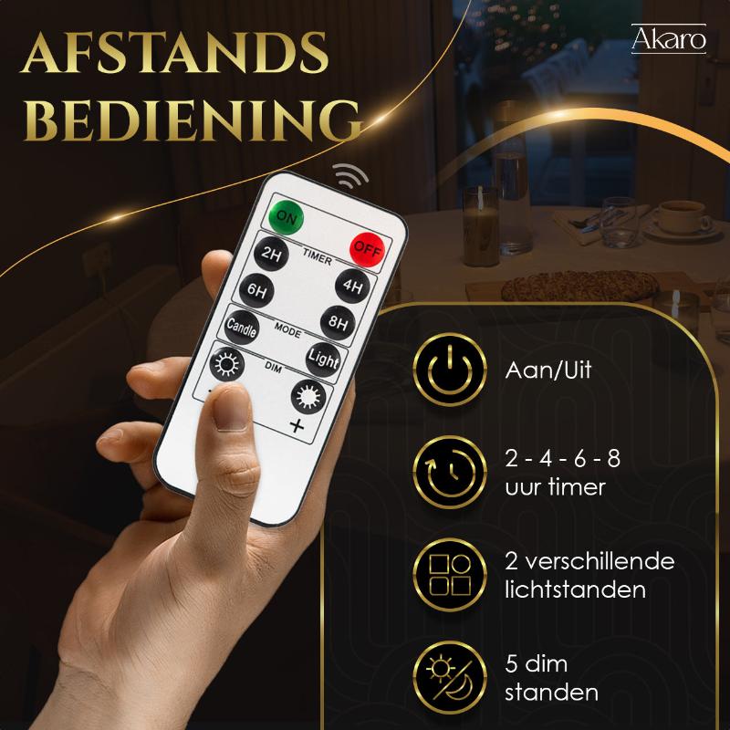 Set van 5 oplaadbare led kaarsen met goud glas met afstandsbediening. Realistisch door dimmen en flikkeren en bewegende vlam.