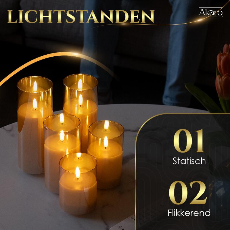 Set van 5 oplaadbare led kaarsen met goud glas. Flikkerende kaars oplaadbaar met bewegende vlam.