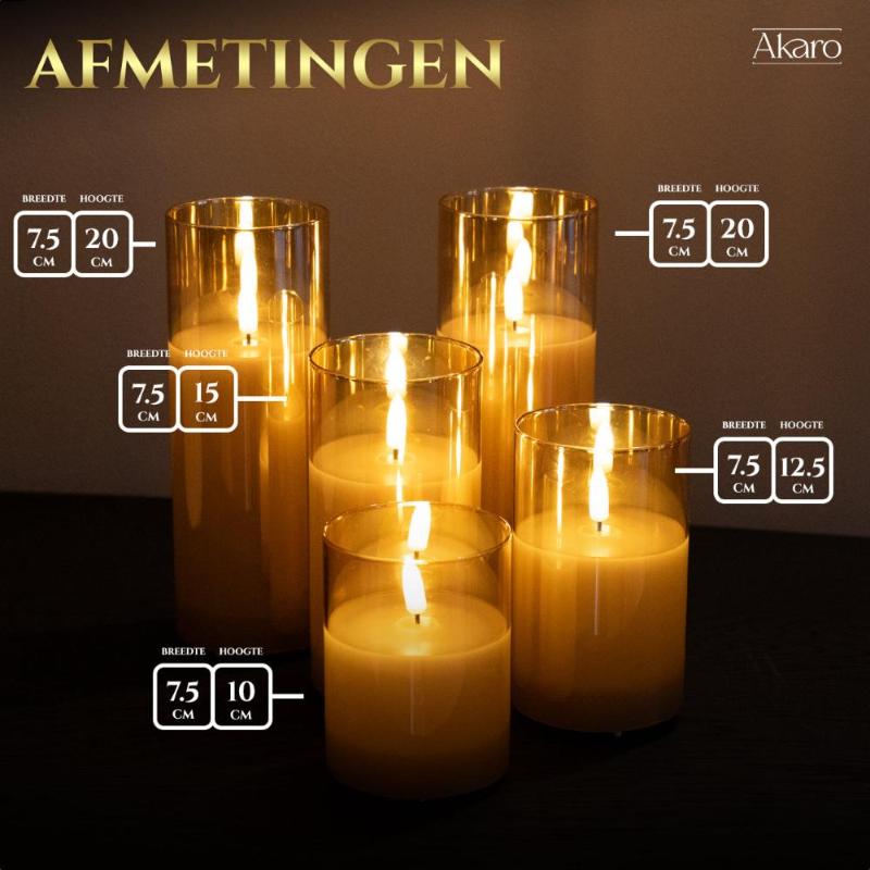 Set van 5 oplaadbare led kaarsen met goud glas afmetingen. Kleine kaars en grote kaars.
