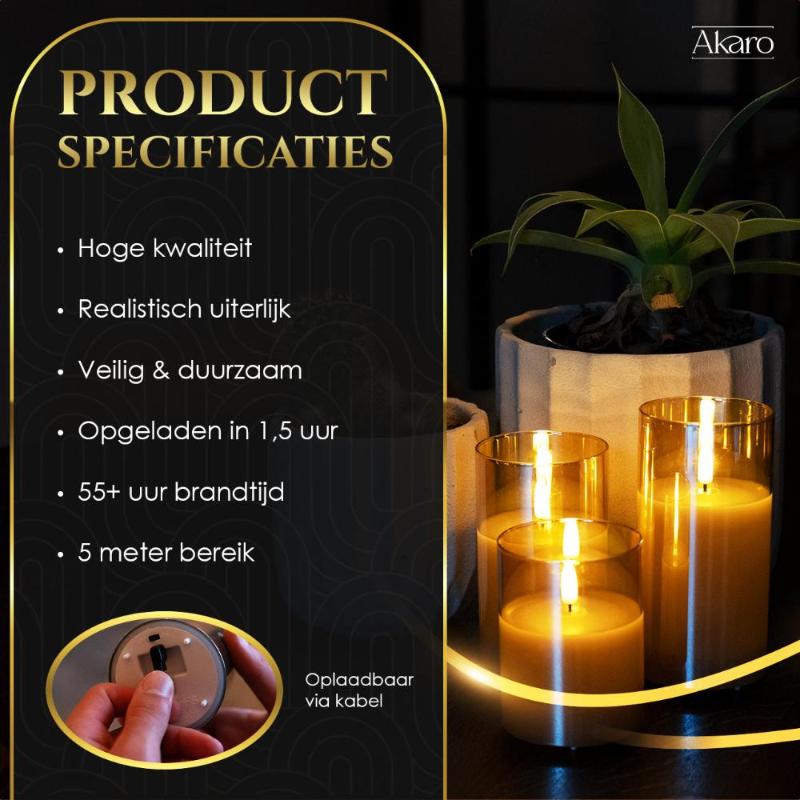 Set van 5 oplaadbare led kaarsen met goud glas. Realistische led kaarsen met lange brandtijd.