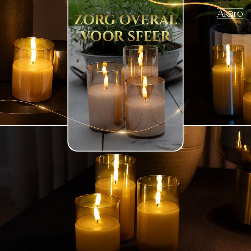 Set van 3 oplaadbare led kaarsen met goud glas. Luxe led kaarsen voor thuis, sfeervol.