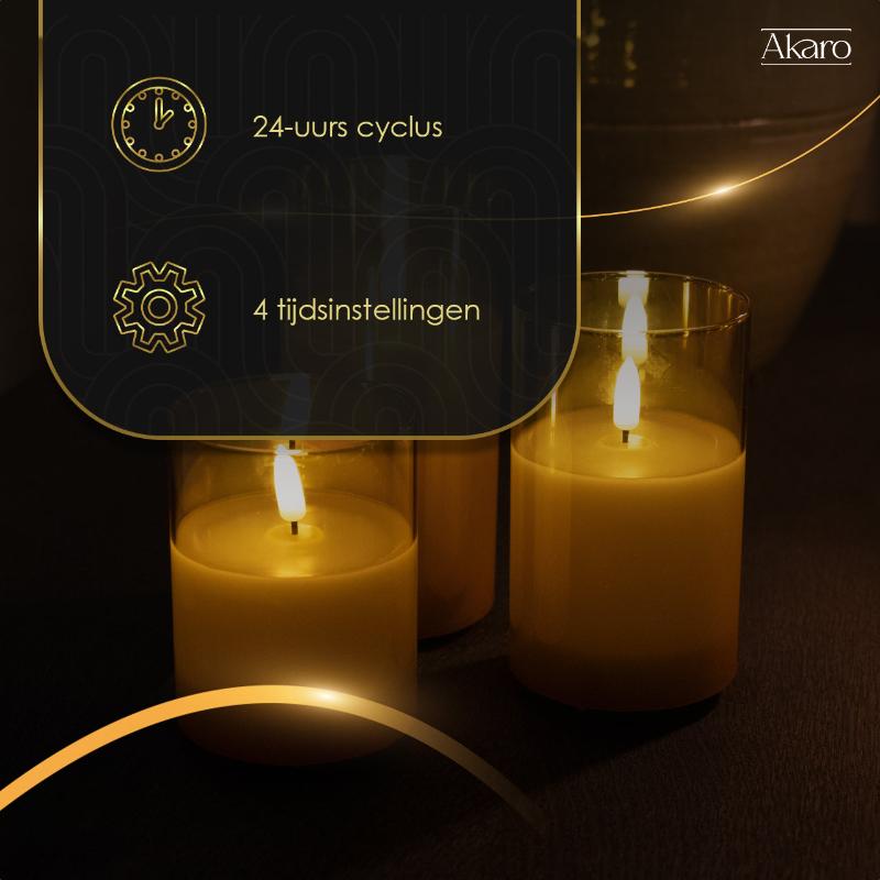 Set van 3 oplaadbare led kaarsen met goud glas met afstandsbediening. Oplaadbare kaarsen met timer.