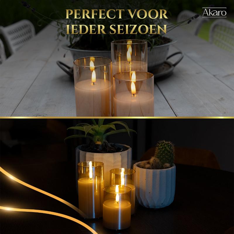 Set van 3 oplaadbare led kaarsen met goud glas. Luxe oplaadbare kaarsen voor winter en zomer.