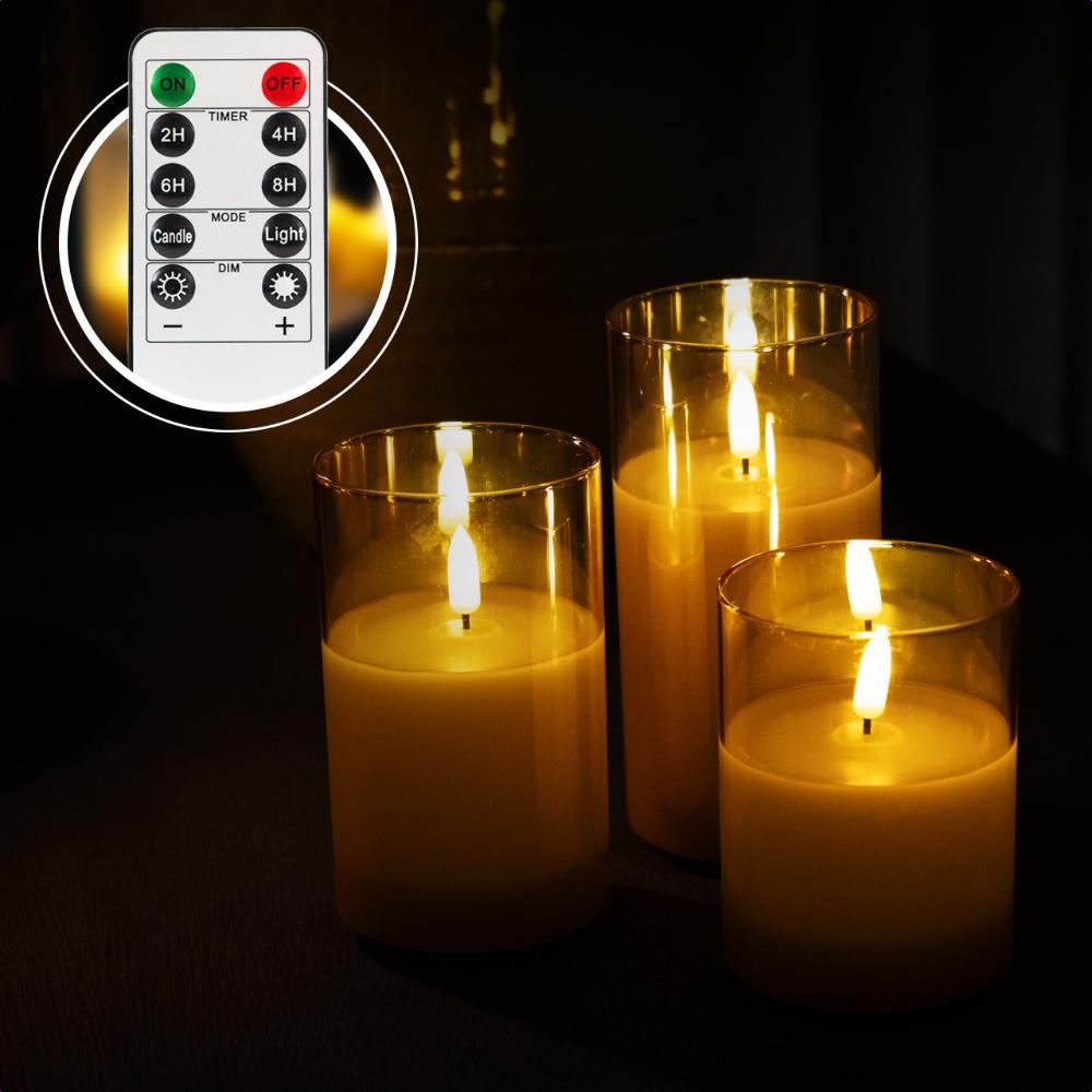 Set van 3 oplaadbare led kaarsen met goud glas met afstandsbediening. Duurzaam en sfeervol, inclusief oplaadsnoer.