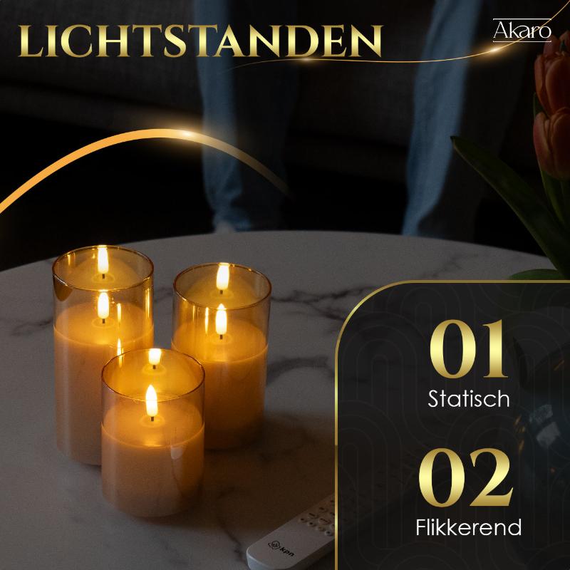 Set van 3 oplaadbare led kaarsen met goud glas. Flikkerende kaars oplaadbaar met bewegende vlam.