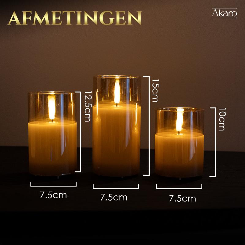 Set van 3 oplaadbare led kaarsen met goud glas afmetingen. Kleine kaars en grote kaars.