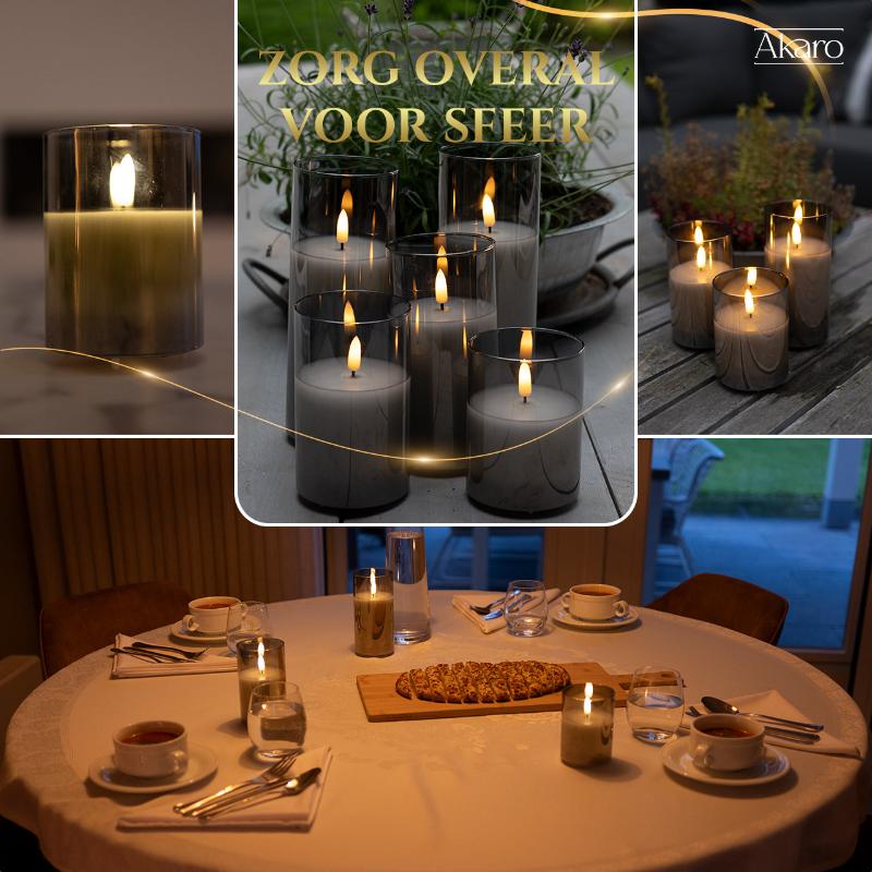Set van 5 oplaadbare led kaarsen met grijs glas. Luxe led kaarsen voor thuis, sfeervol.