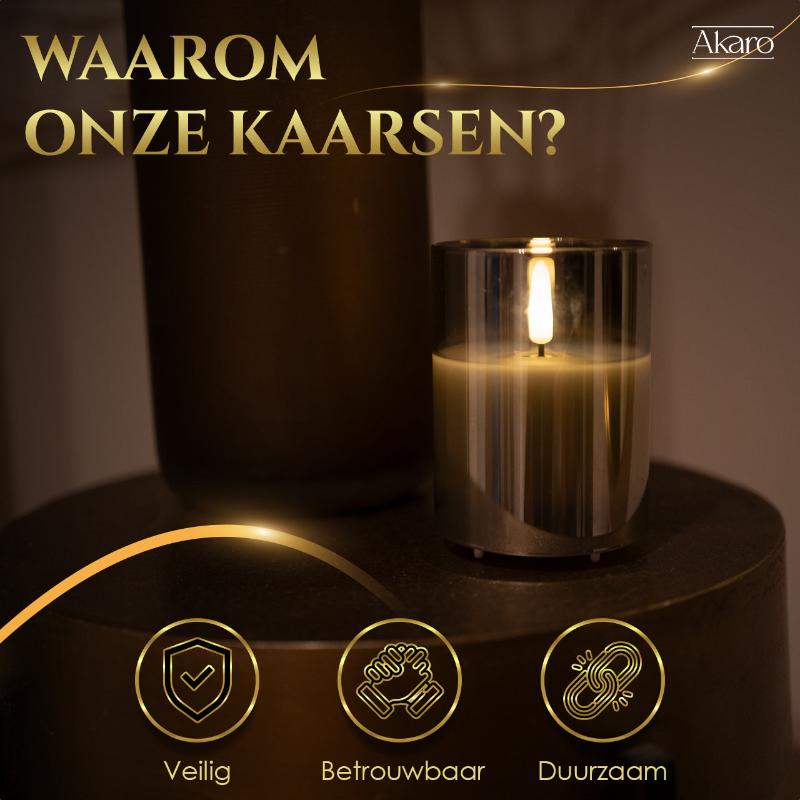 Set van 5 oplaadbare led kaarsen met grijs glas. Duurzame led kaarsen, veilig voor kinderen en huisdieren.