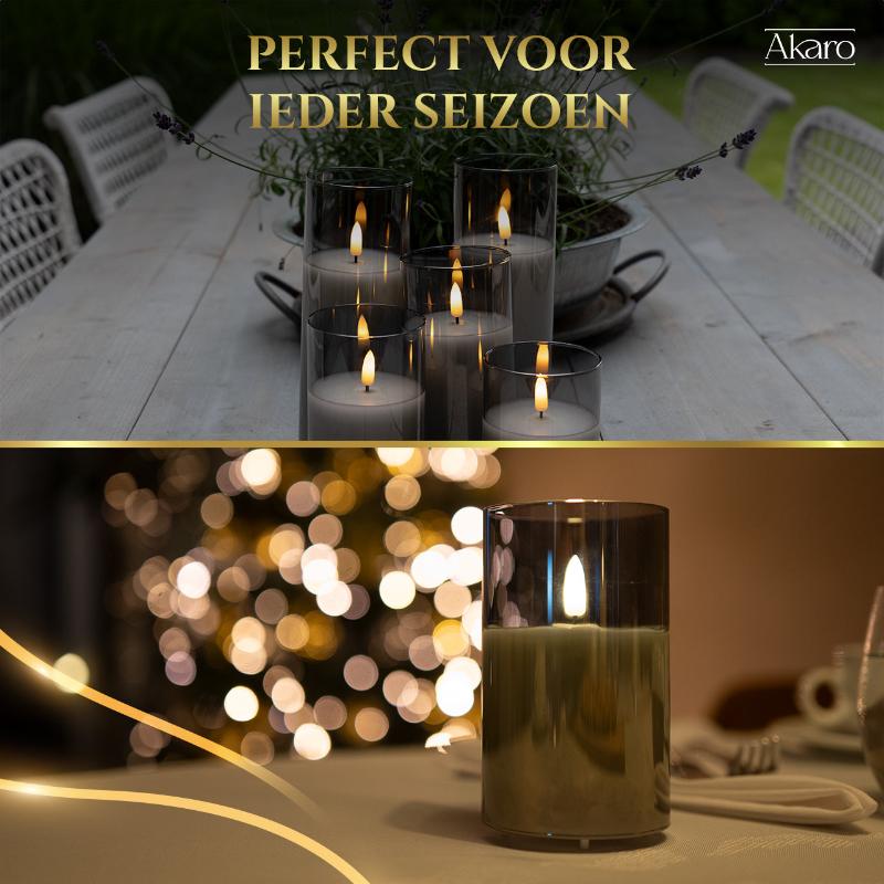 Set van 5 oplaadbare led kaarsen met grijs glas. Luxe oplaadbare kaarsen voor winter en zomer.