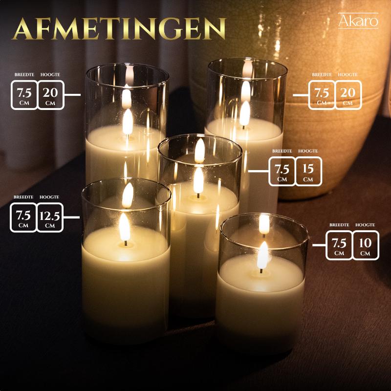 Set van 5 oplaadbare led kaarsen met grijs glas afmetingen. Kleine kaars en grote kaars.