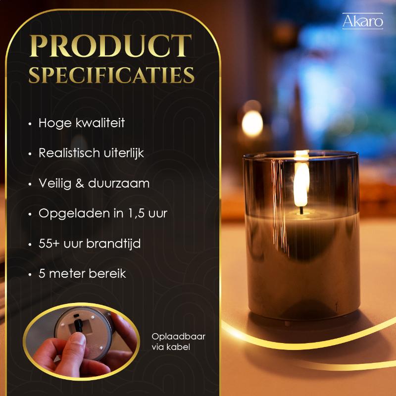 Set van 5 oplaadbare led kaarsen met grijs glas. Realistische led kaarsen met lange brandtijd.