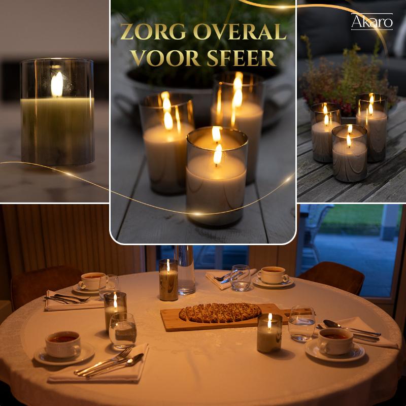 Set van 3 oplaadbare led kaarsen met grijs glas. Luxe led kaarsen voor thuis, sfeervol.