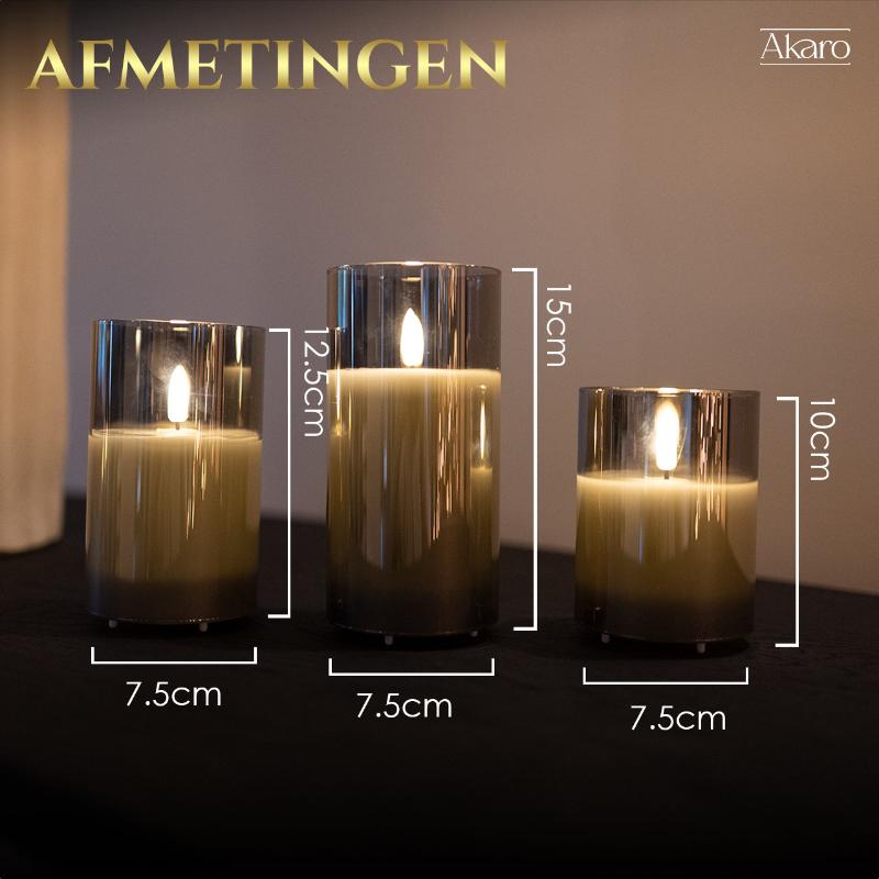 Set van 3 oplaadbare led kaarsen met grijs glas afmetingen. Kleine kaars en grote kaars.