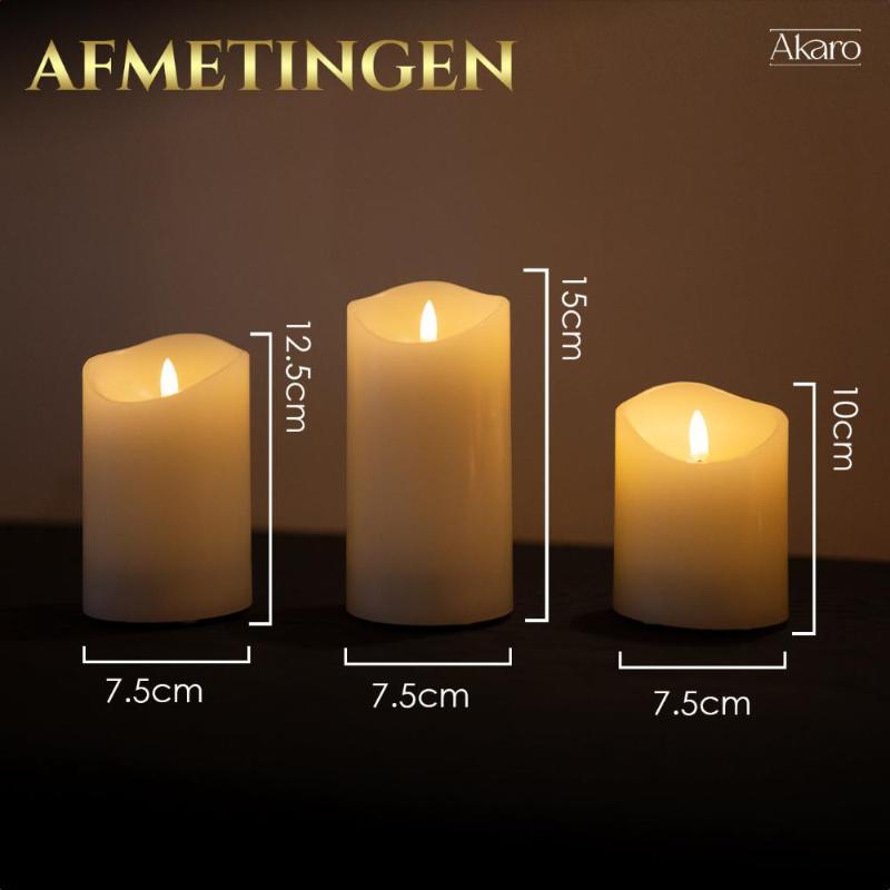 Set van 3 oplaadbare led kaarsen afmetingen. Kleine kaars en grote kaars.
