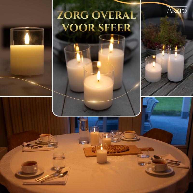 Set van 3 oplaadbare led kaarsen met transparant glas. Luxe led kaarsen voor thuis, sfeervol.
