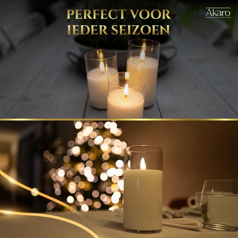 Set van 3 oplaadbare led kaarsen met transparant glas. Luxe oplaadbare kaarsen voor winter en zomer.