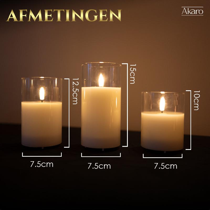 Set van 3 oplaadbare led kaarsen met transparant glas afmetingen. Kleine kaars en grote kaars.