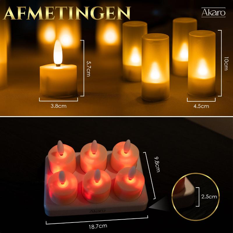 Set van 6 oplaadbare waxinelichtjes afmetingen. Kleine kaars en grote kaars.