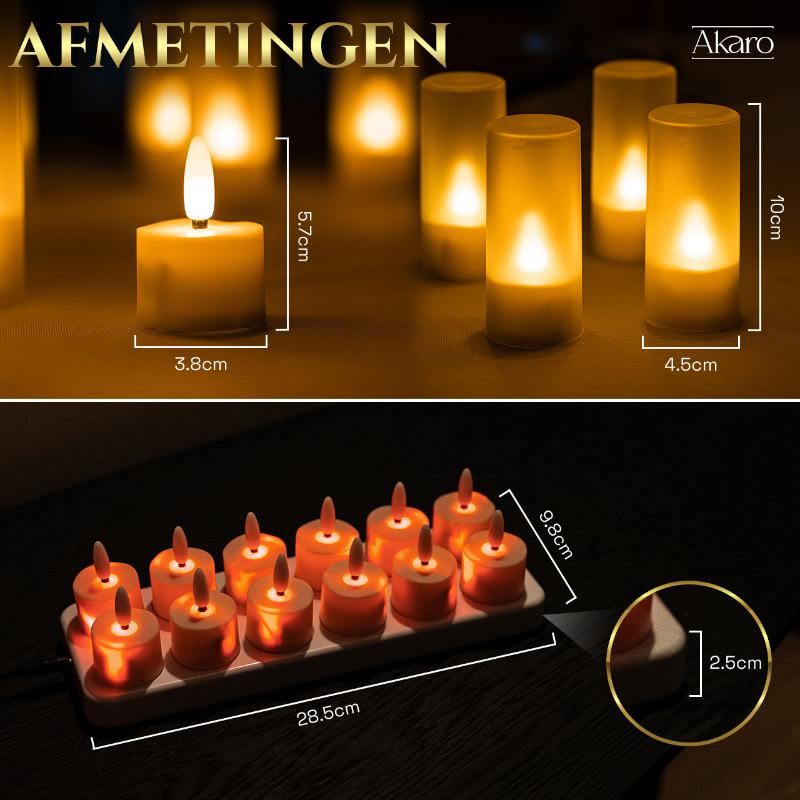 Set van 12 oplaadbare waxinelichtjes afmetingen. Kleine kaars en grote kaars.
