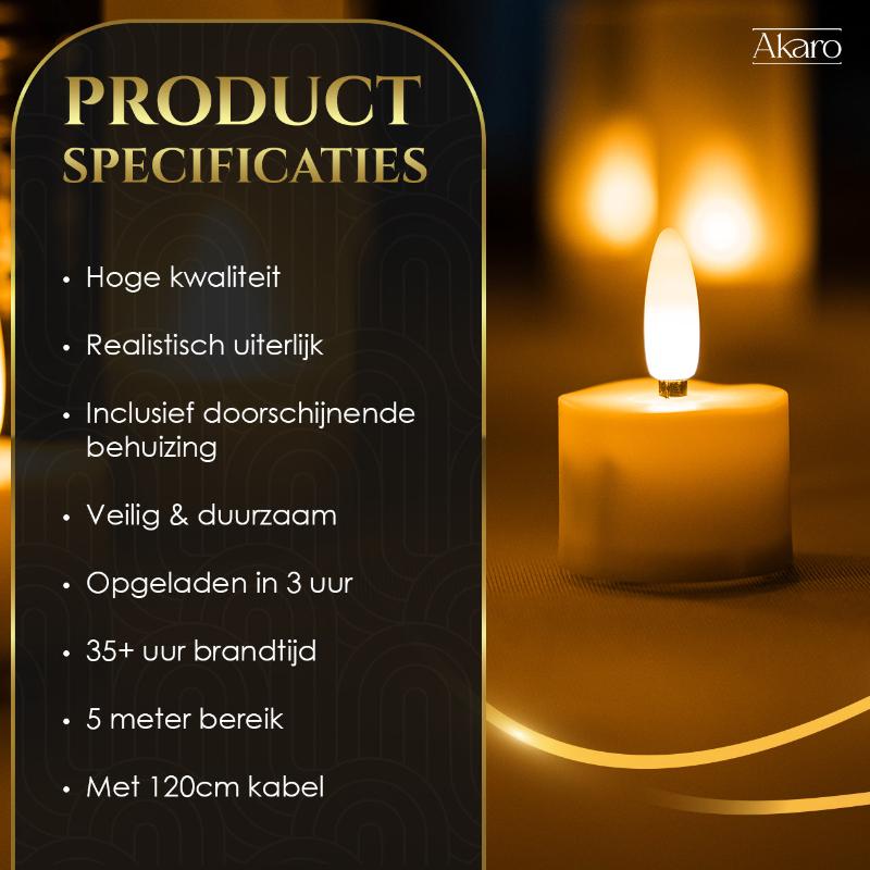 Set van 12 oplaadbare waxinelichtjes. Realistische led kaarsen met lange brandtijd.