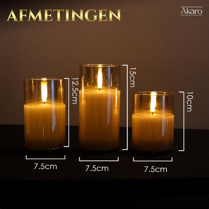 Akaro Crystal Candle Trio Goud | 3 Oplaadbare Kaarsen met Goud Glas