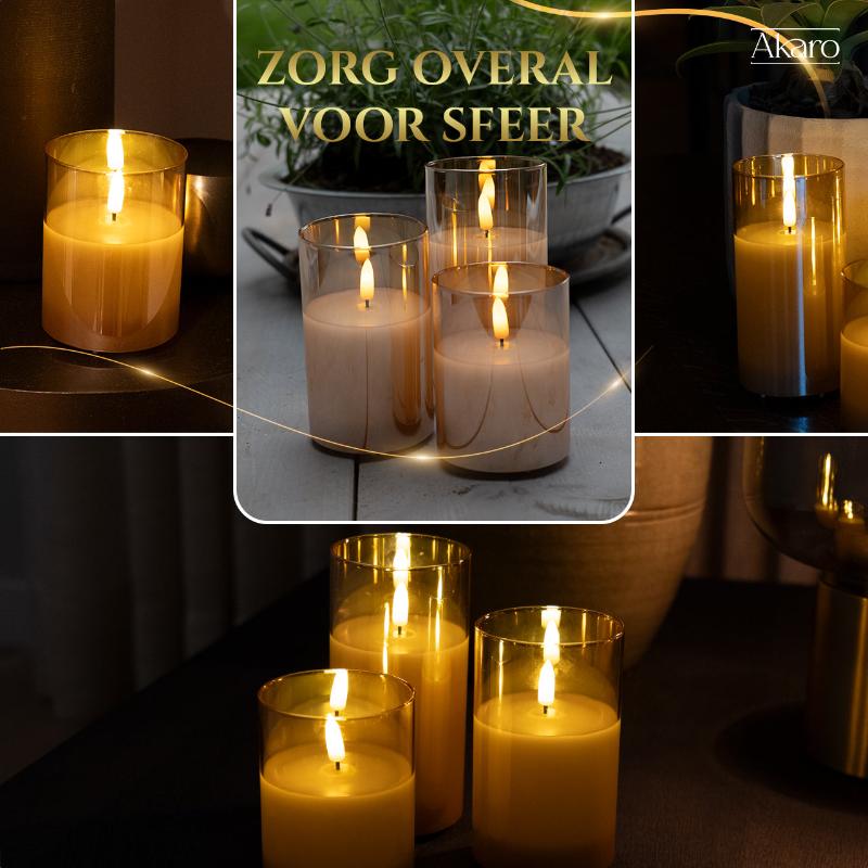 Akaro Crystal Candle Trio Goud | 3 Oplaadbare Kaarsen met Goud Glas