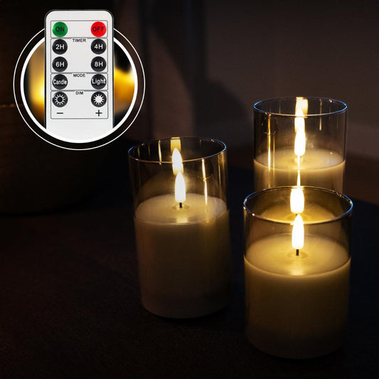 Akaro Crystal Candle Trio Grijs | 3 Oplaadbare Kaarsen met Grijs Glas