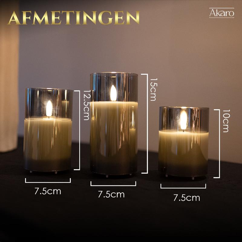 Akaro Crystal Candle Trio Grijs | 3 Oplaadbare Kaarsen met Grijs Glas