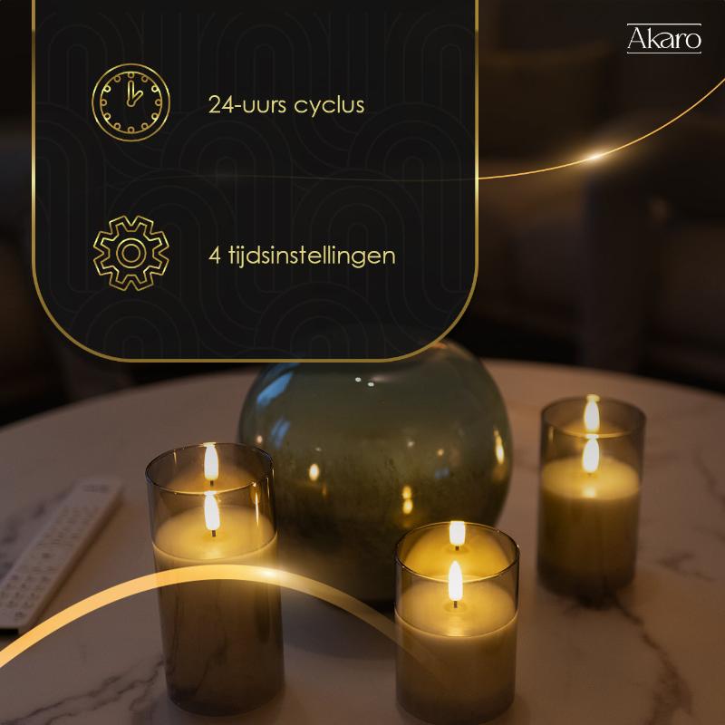 Akaro Crystal Candle Trio Grijs | 3 Oplaadbare Kaarsen met Grijs Glas