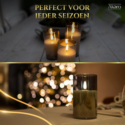 Akaro Crystal Candle Trio Grijs | 3 Oplaadbare Kaarsen met Grijs Glas