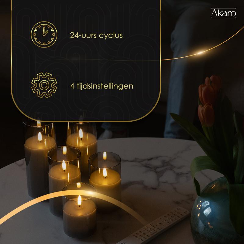 Akaro Crystal Candle Set Grijs | 5 Oplaadbare Kaarsen met Grijs Glas