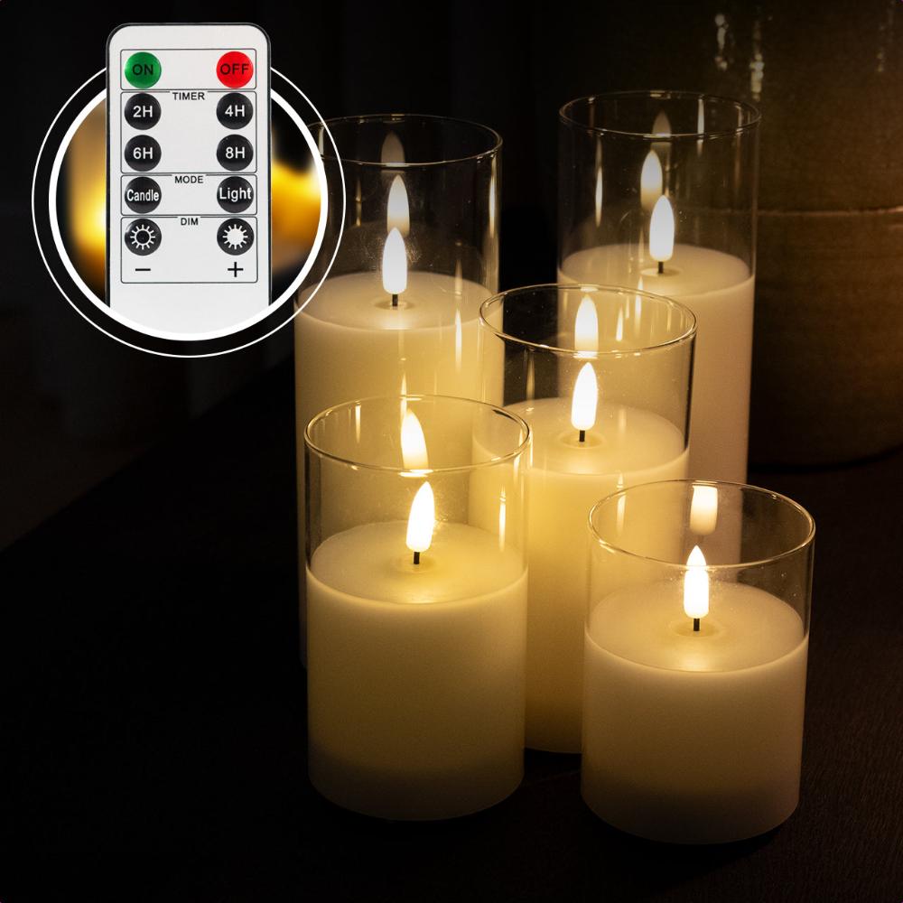 Akaro Crystal Candle Set Transparant | 5 Oplaadbare Kaarsen met Glas