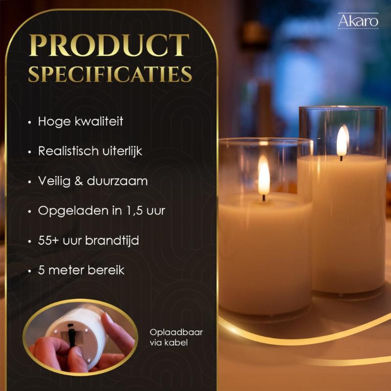 Akaro Crystal Candle Set Transparant | 5 Oplaadbare Kaarsen met Glas